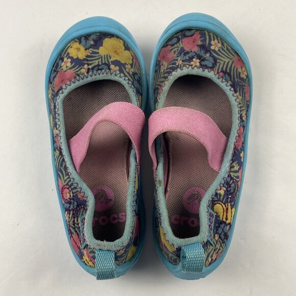 Crocs SlipOn Duet Busy Day Mary Jane Shoes Girls C9 Blue Floral Canvas Rubber - Picture 6 of 11